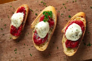 Bruschetta Itália - Fatias da legítima baguete italiana, cobertas por tomates secos, fatias de muçarela de búfala. Viareggio Ristorante Chácara Santo Antônio.
