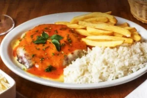 Filetto Parmegiana - Filé mignon à milanesa, coberto por molho de tomates e muçarela. Acompanha purê de batatas ou arroz branco e batatas fritas. Viareggio Ristorante Chácara Santo Antônio.