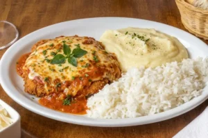 Parmegiana de Mignon - Servido com arroz e purê de batatas. No almoço de segunda a sexta-feira (exceto feriados). Chácara Santo Antônio