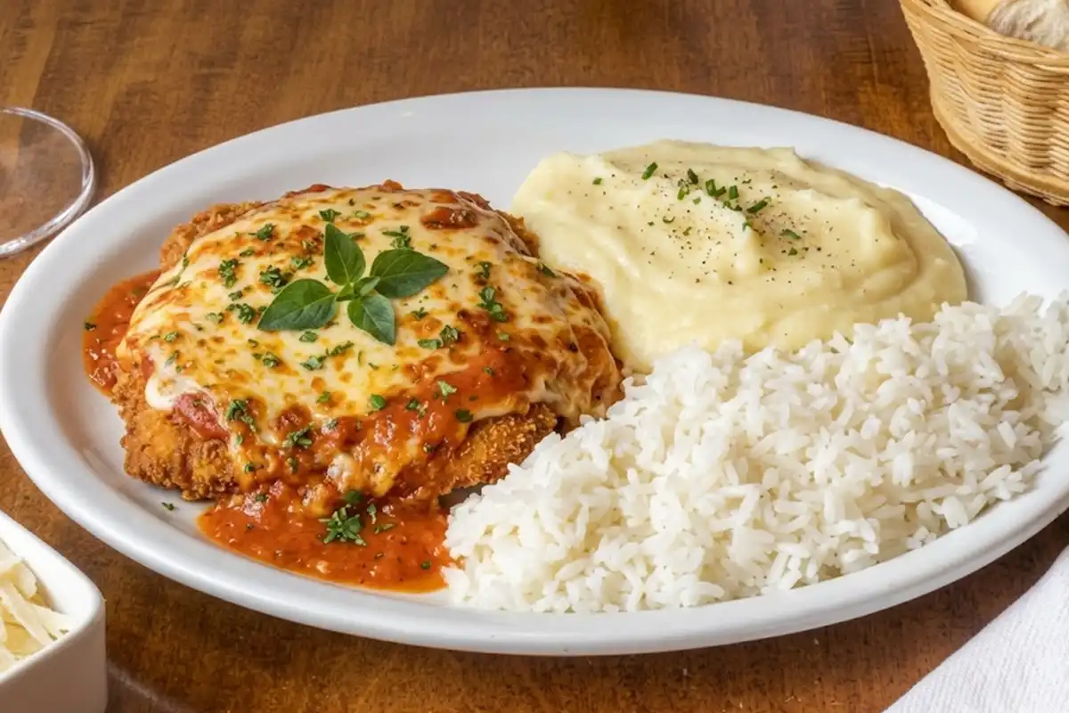 Parmegiana de Mignon - Servido com arroz e purê de batatas. No almoço de segunda a sexta-feira (exceto feriados). Chácara Santo Antônio