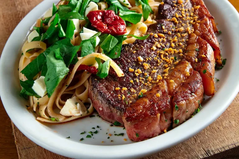 Picanha Itália - Picanha importada grelhada, salpicada com alho frito. Acompanha massa tipo talharim, com tomate seco, muçarela de búfala e rúcula.
