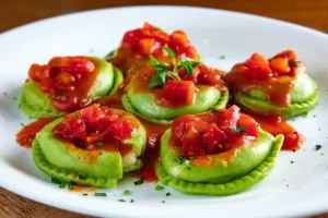Ravioli de Búfala - Massa verde tipo ravioli recheada com muçarela de búfala no Viareggio Ristorante Chácara Santo Antônio