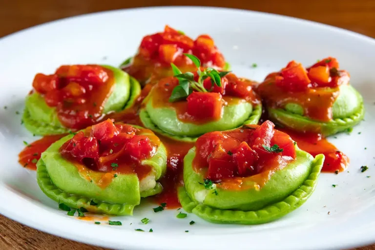 Ravioli di Búfala - Massa verde tipo ravioli, recheada com muçarela de búfala ao molho de tomates, manjericão e azeite.